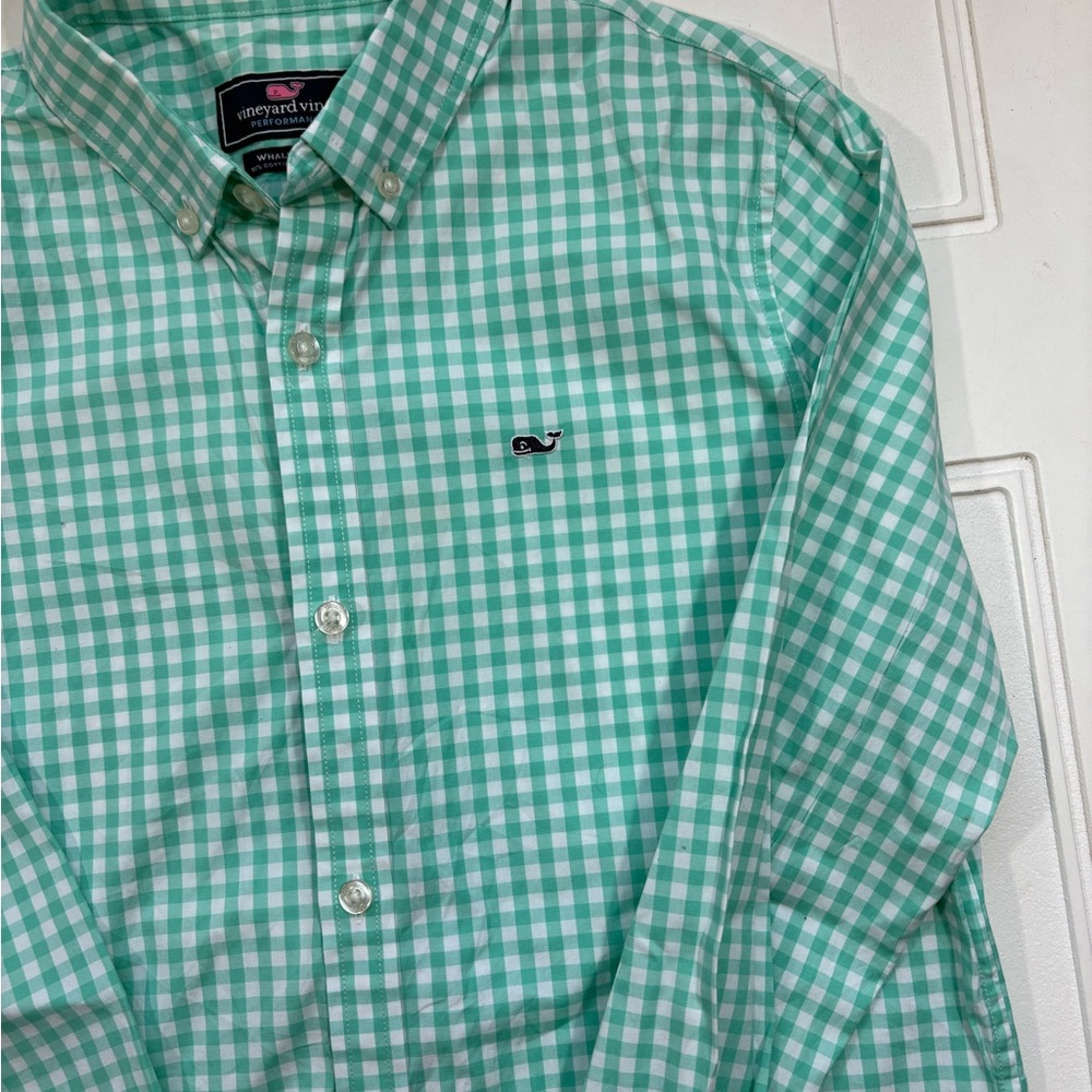 Vineyard Vines Boys Gingham Checked Whale Button Down Green/white Size Large - Picture 3 of 5